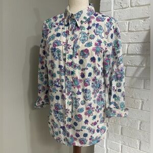 Women’s Button-Down Floral Print  — White with Teal & Purple